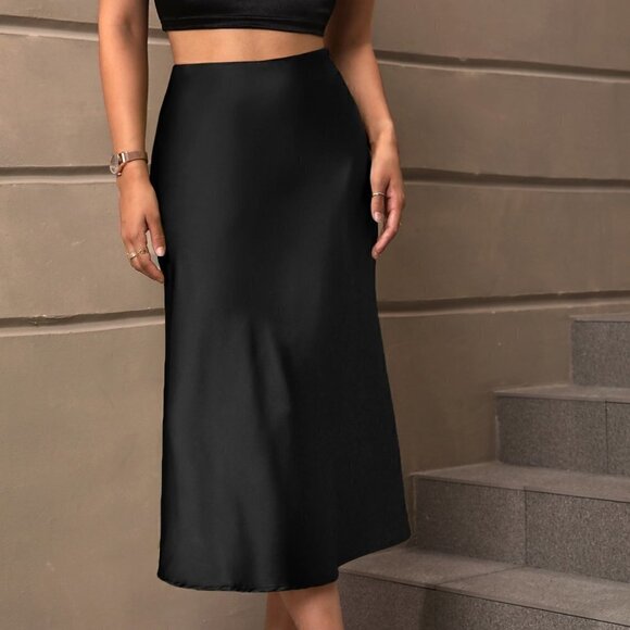 Black Preppy Womens High Waist Satin Skirt - Picture 5 of 5